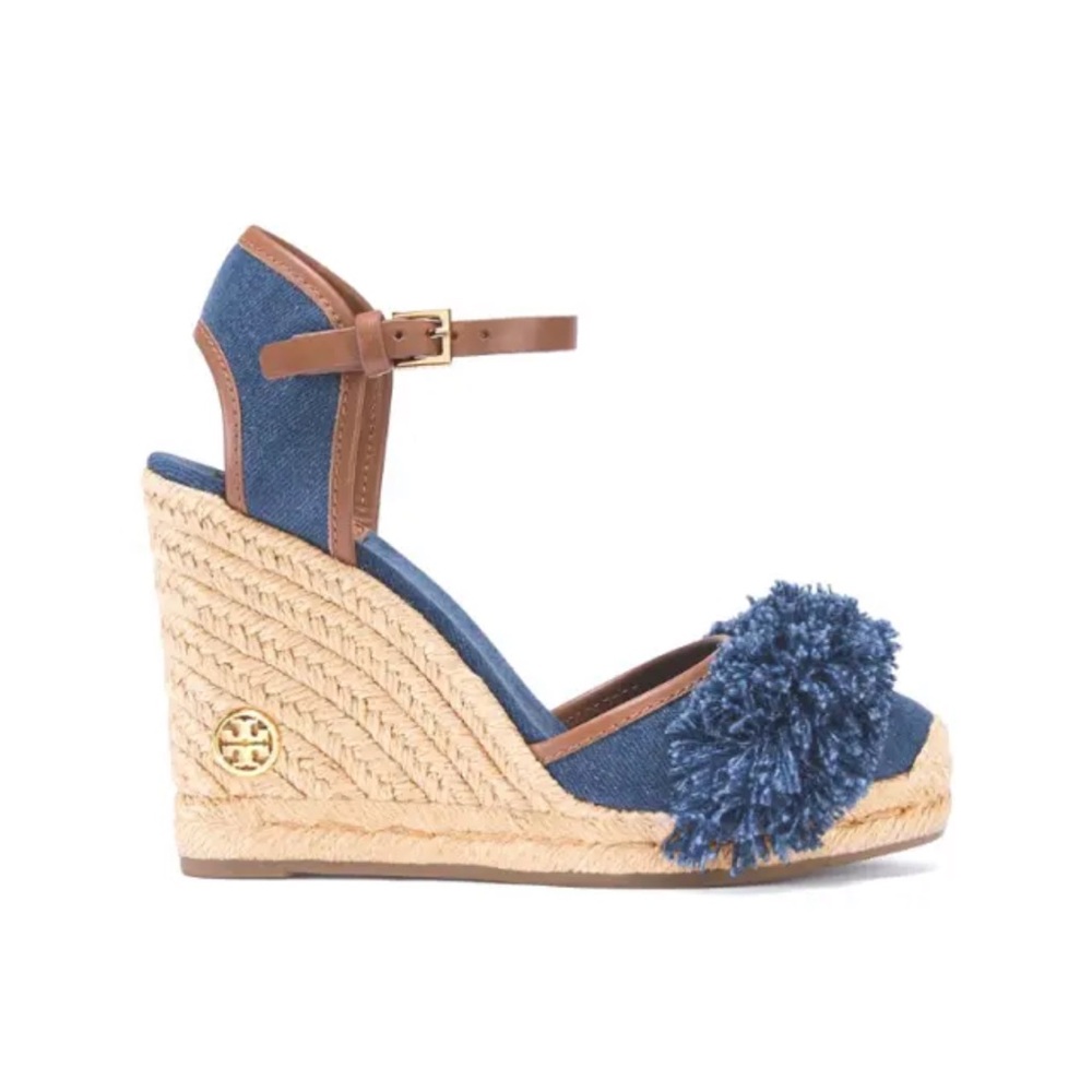 Tory Burch Shaw Denim Wedge Espadrilles Sandals Blue Size 9